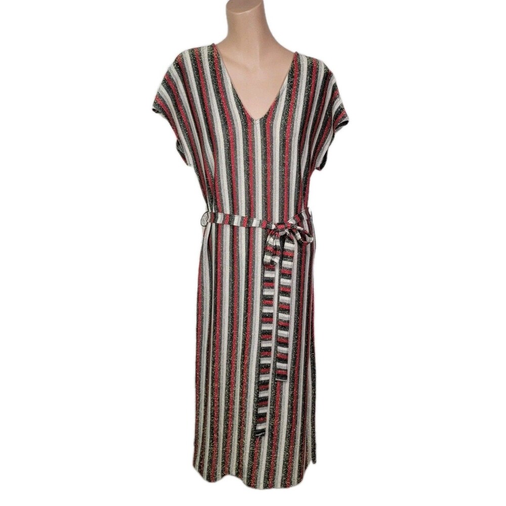 Zara Trafaluc Dress Size Small Midi Striped Knit Sash Belt Semi Sheer Stretch Z